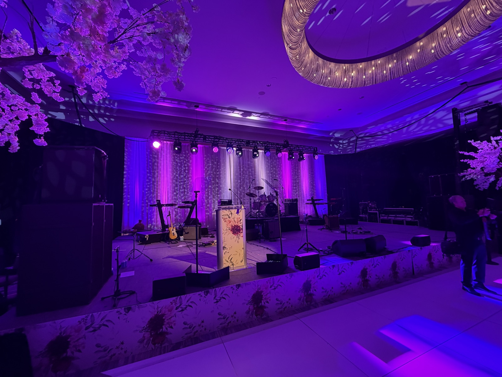 Gala stage with podium teleprompter and live band