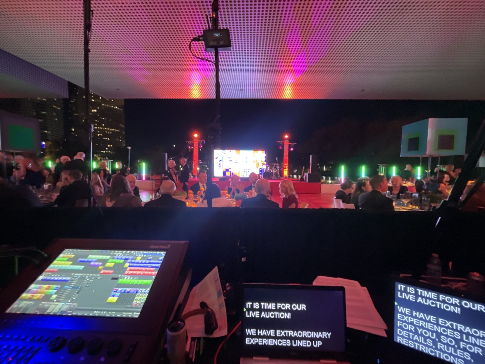 Gala ballroom with teleprompter for a live auction
