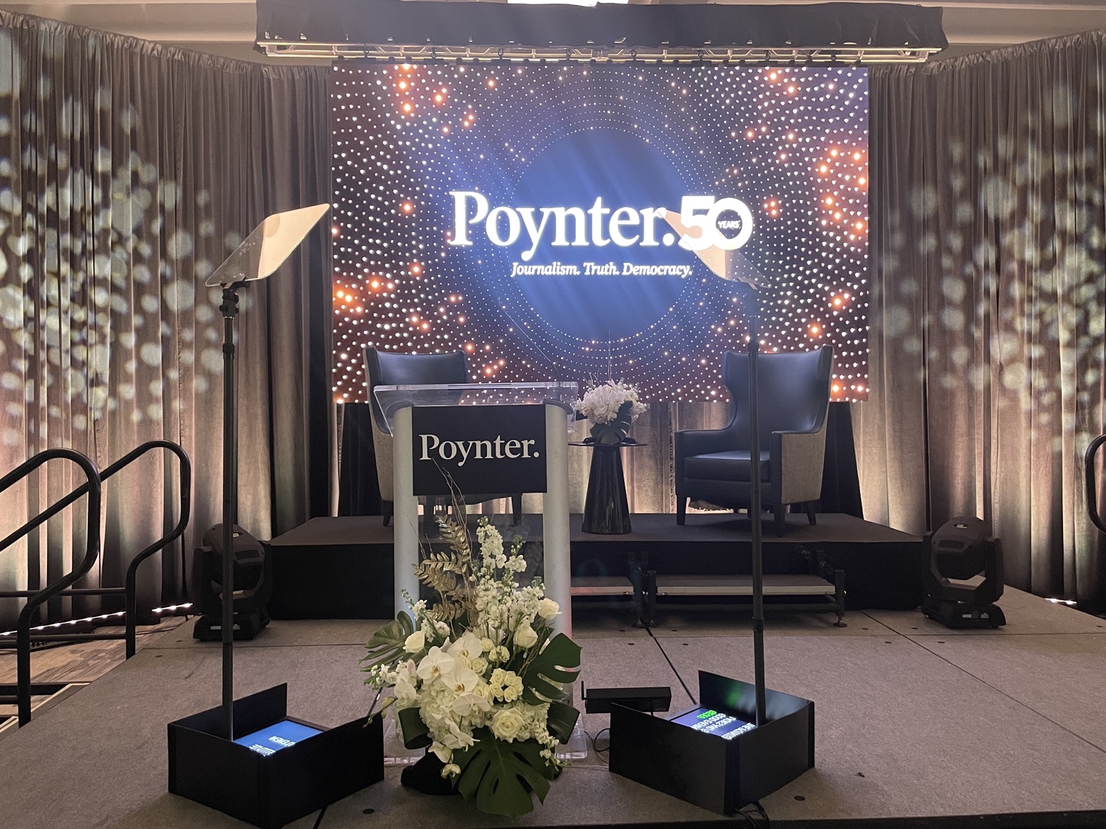 Poynter 50th anniversary stage with presidential teleprompter glass